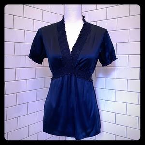 BCBG MaxAzria Navy Silk Blouse (Short Sleeve)